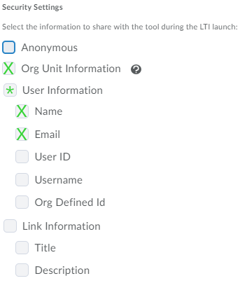screenshot from brightspace documentation of the "security settings" subsection with "name" and "org unit information" checked